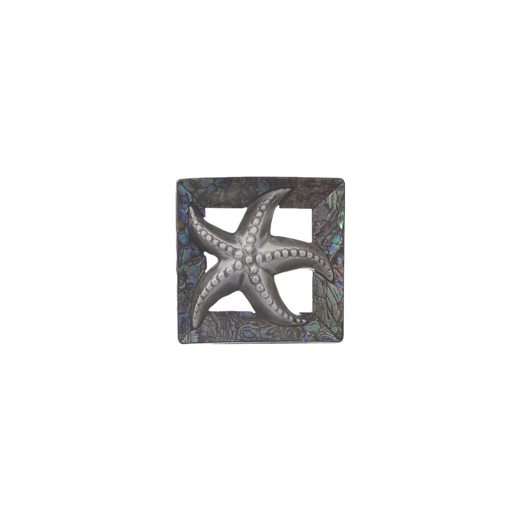 Starfish 40mm belt buckle with English Silver finish and cracked Paua Blue mother of pearl inlay. Handcrafted shell detail, Italian-made in zamak.