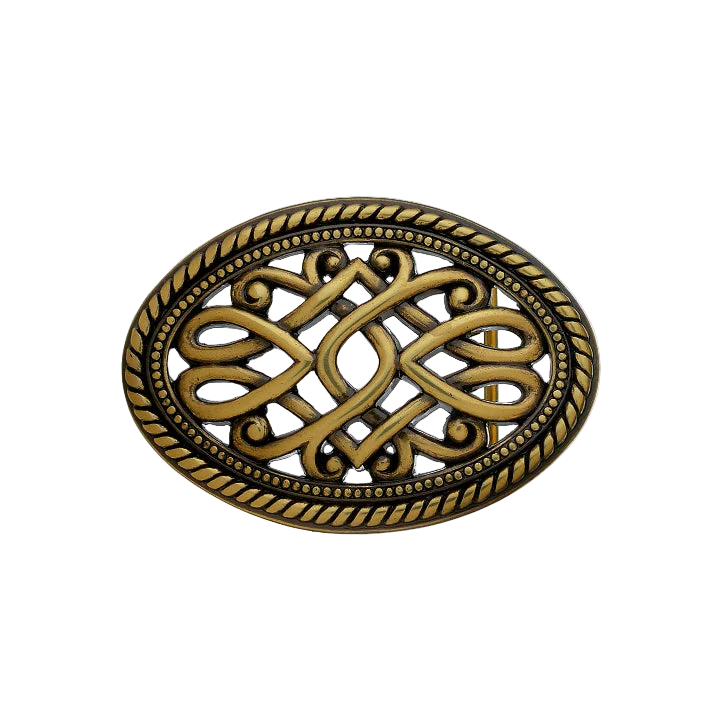 Detailed oval gold-toned belt buckle featuring a Celtic knot design and a textured rope border, a stylish fashion accessory with a beautiful Italian design.