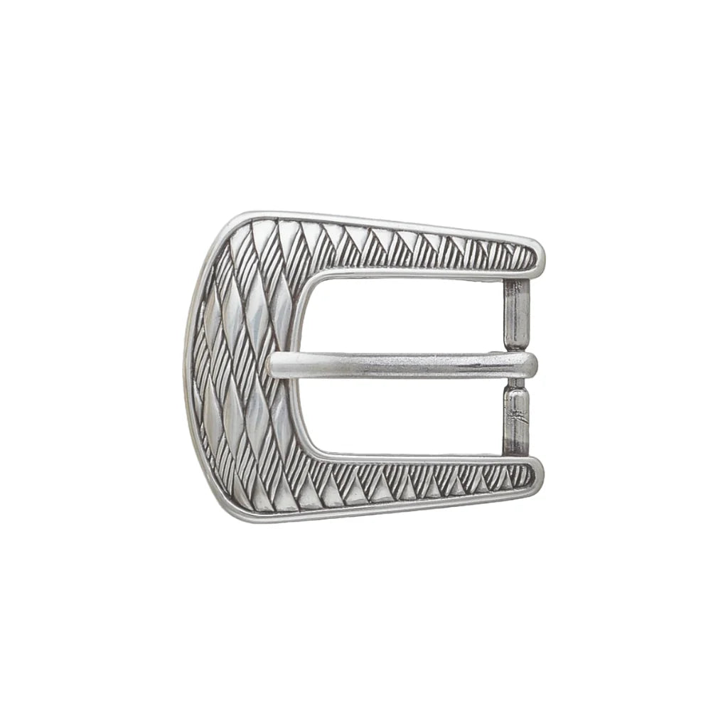 Vintage-style western silver belt buckle featuring a tapered horseshoe shape with an engraved diamond-patterned texture.