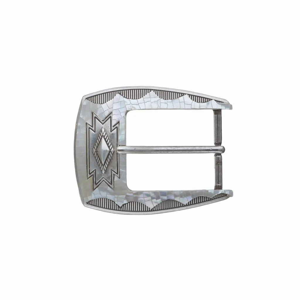 40mm belt buckle in English Silver with cracked white mother of pearl.