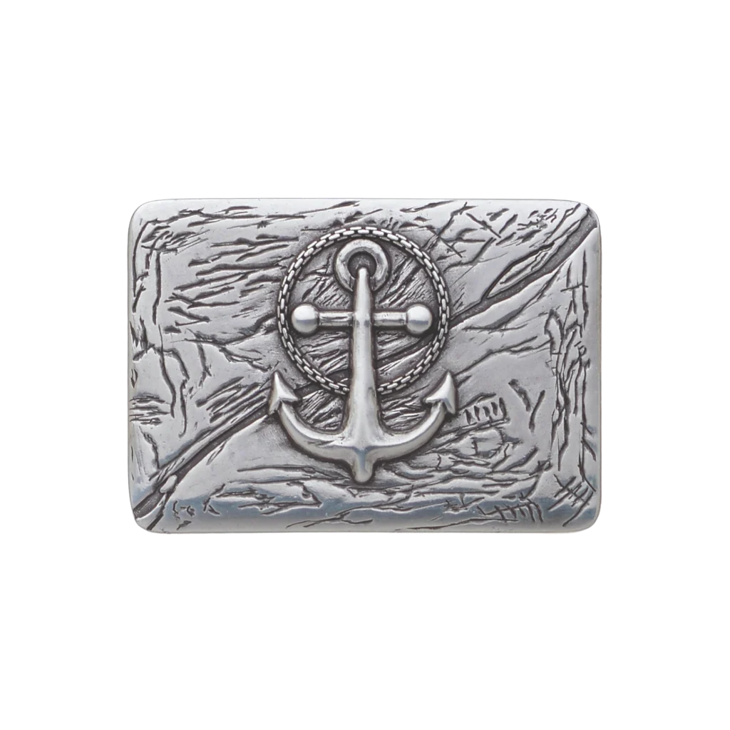 Silver anchor belt buckle with rope circle design, nautical marine themed men’s fashion accessory, vintage maritime style collectible Italian belt hardware