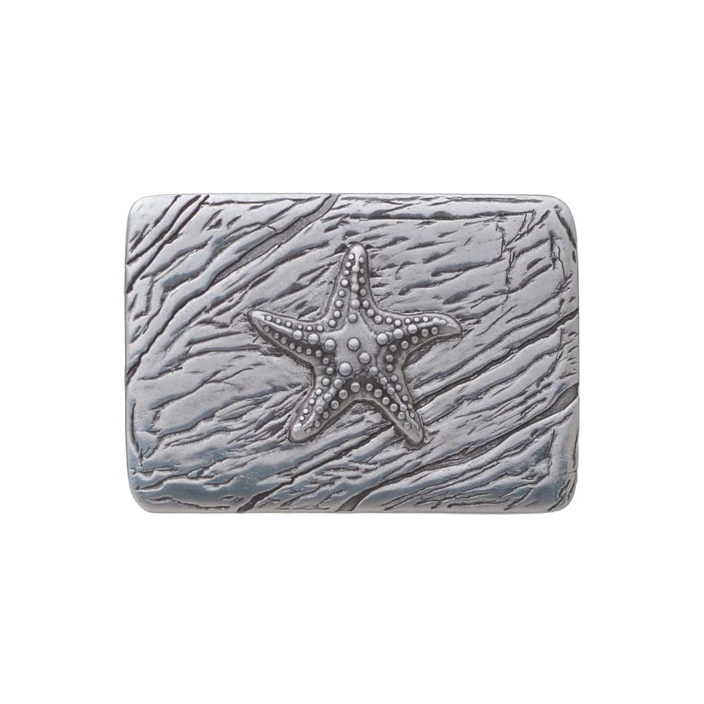 Silver starfish belt buckle with textured ocean wave background, nautical themed men’s fashion accessory, marine life design, collectible vintage Italian belt hardware