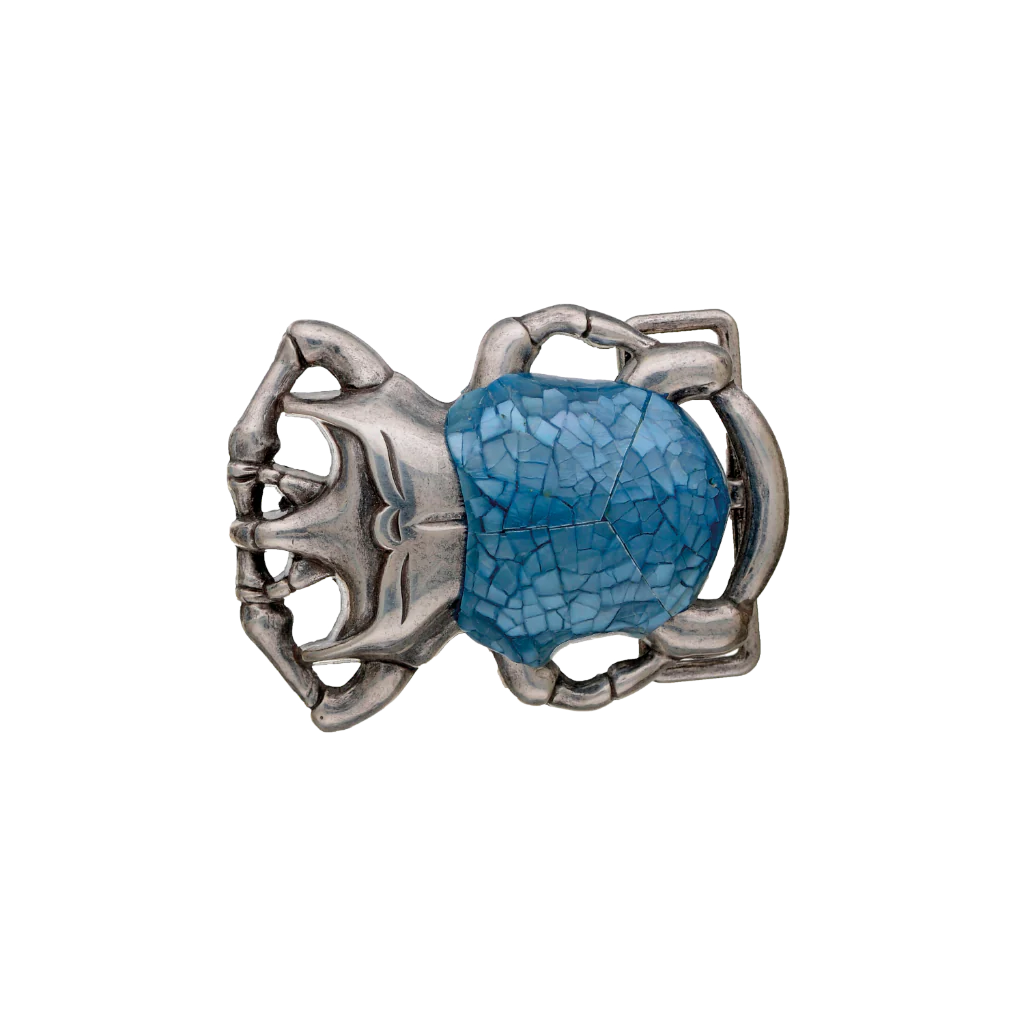 Silver scarab beetle belt buckle with turquoise blue mosaic inlay shell, Egyptian inspired animal fashion accessory, Italian design collectible men’s belt hardware, vintage jewelry style buckle