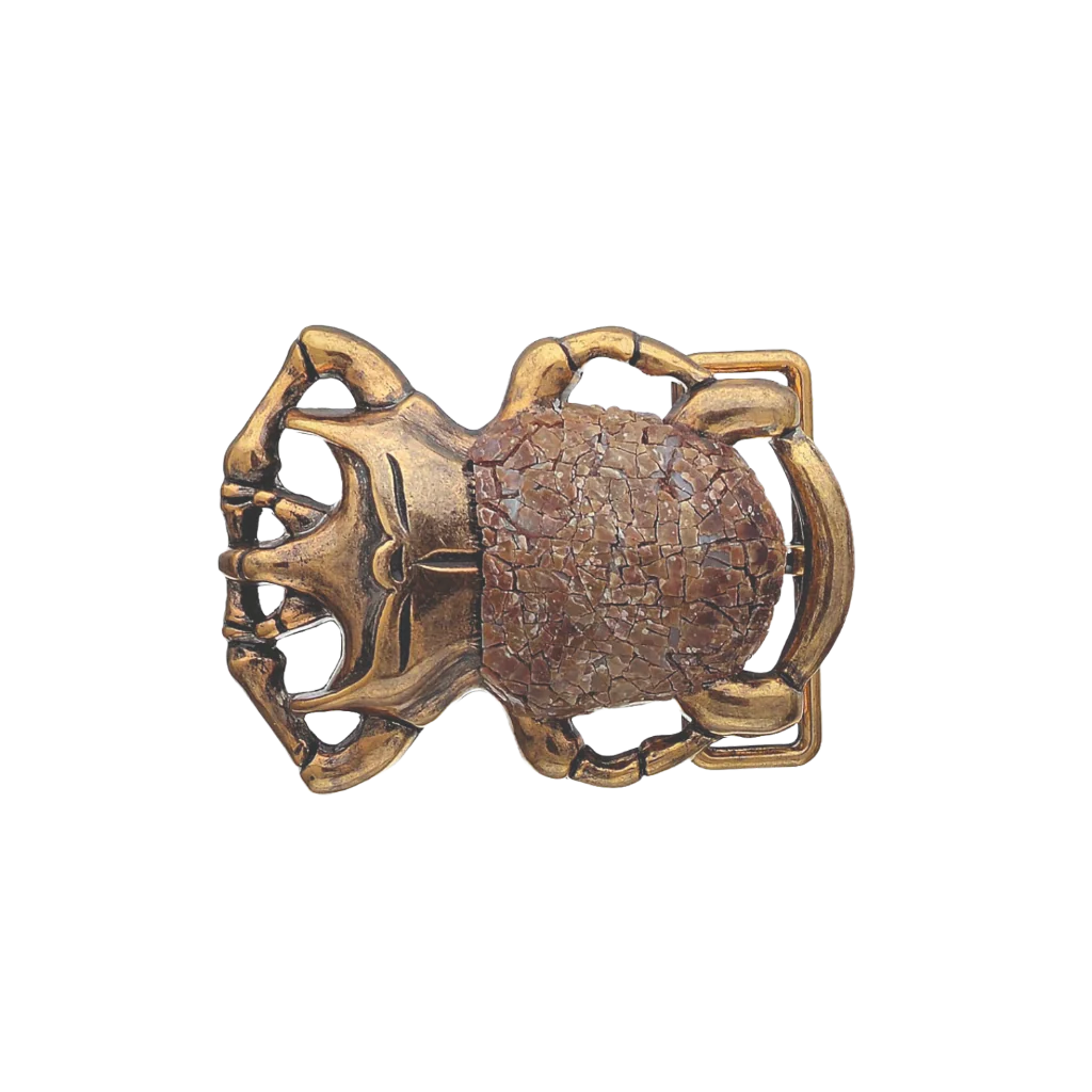 Antique gold scarab beetle belt buckle with brown mosaic stone inlay shell, Egyptian inspired insect fashion accessory, vintage collectible men’s belt hardware, Italian design jewelry style buckle