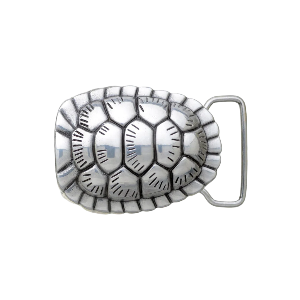 Polished silver turtle shell belt buckle with engraved reptile pattern, animal inspired fashion accessory, Italian design vintage men’s collectible western cowboy belt hardware