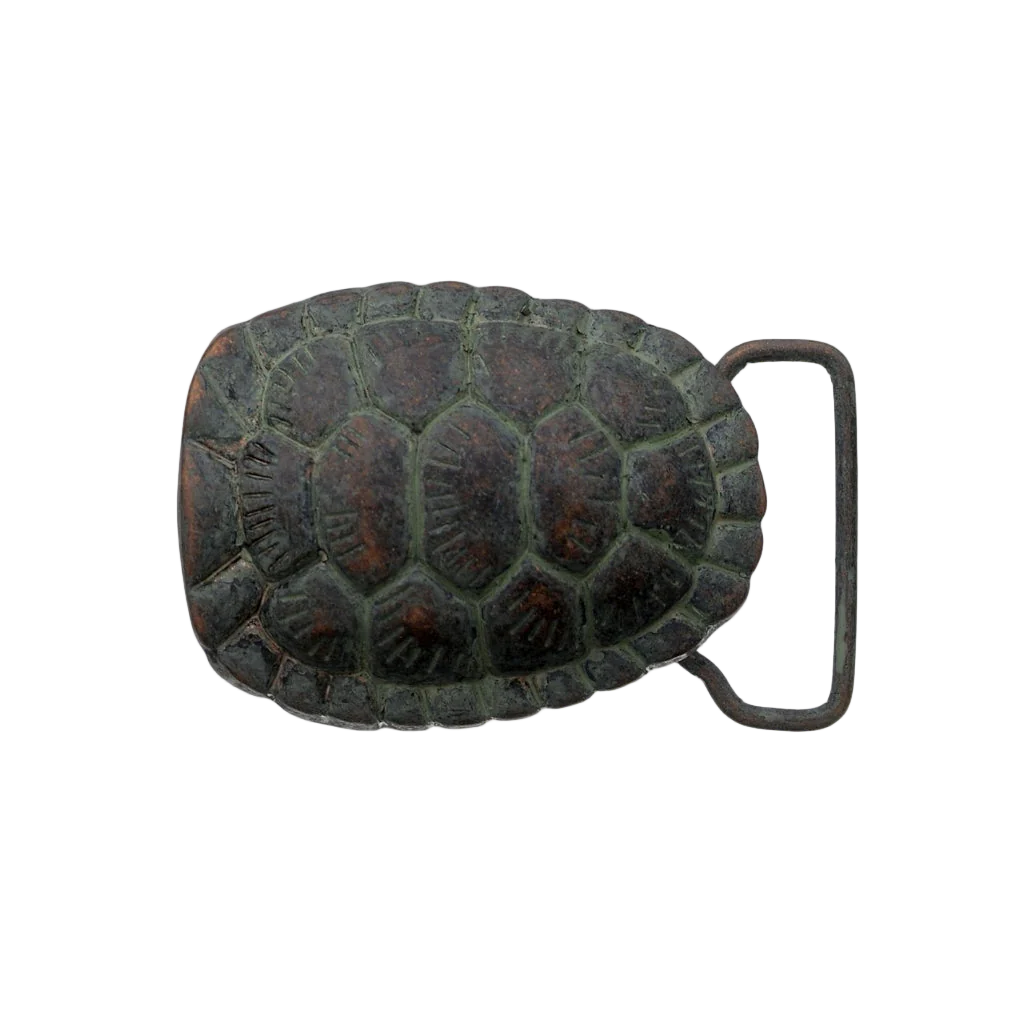 Vintage bronze turtle shell belt buckle with textured reptile pattern, rustic animal inspired fashion accessory, Italian design collectible western cowboy men’s belt hardware
