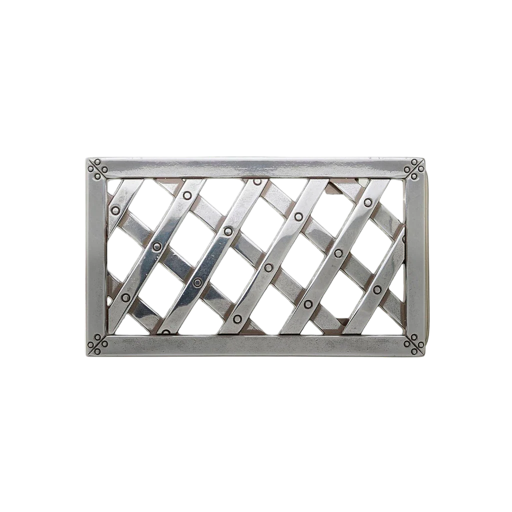 Rectangular silver lattice belt buckle with rivet detailing, industrial modern fashion accessory, Italian design vintage buckle, men’s collectible decorative belt hardware