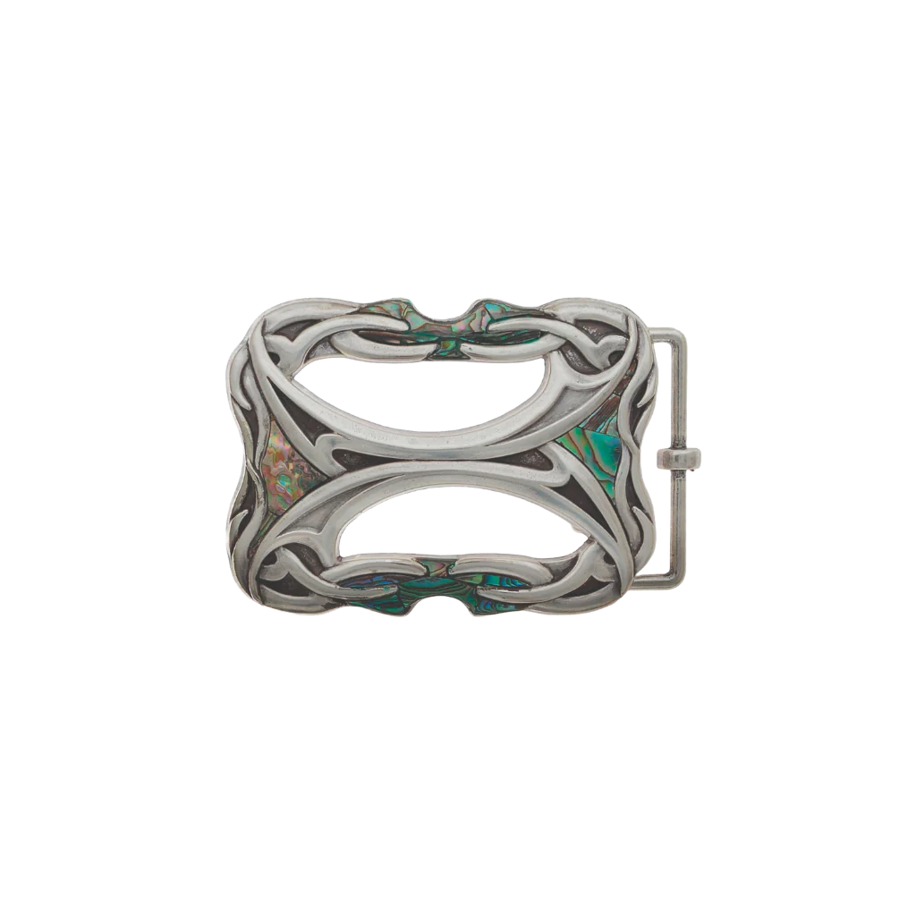 Antique silver belt buckle with Celtic knot design and abalone shell inlay, vintage Irish inspired fashion accessory, Italian design collectible men’s decorative belt hardware