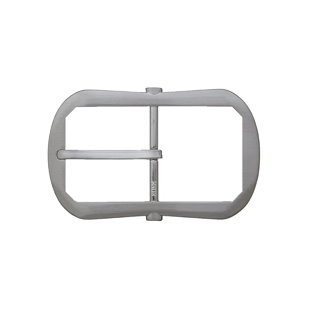 Polished silver rectangular belt buckle with rounded corners and single prong.
