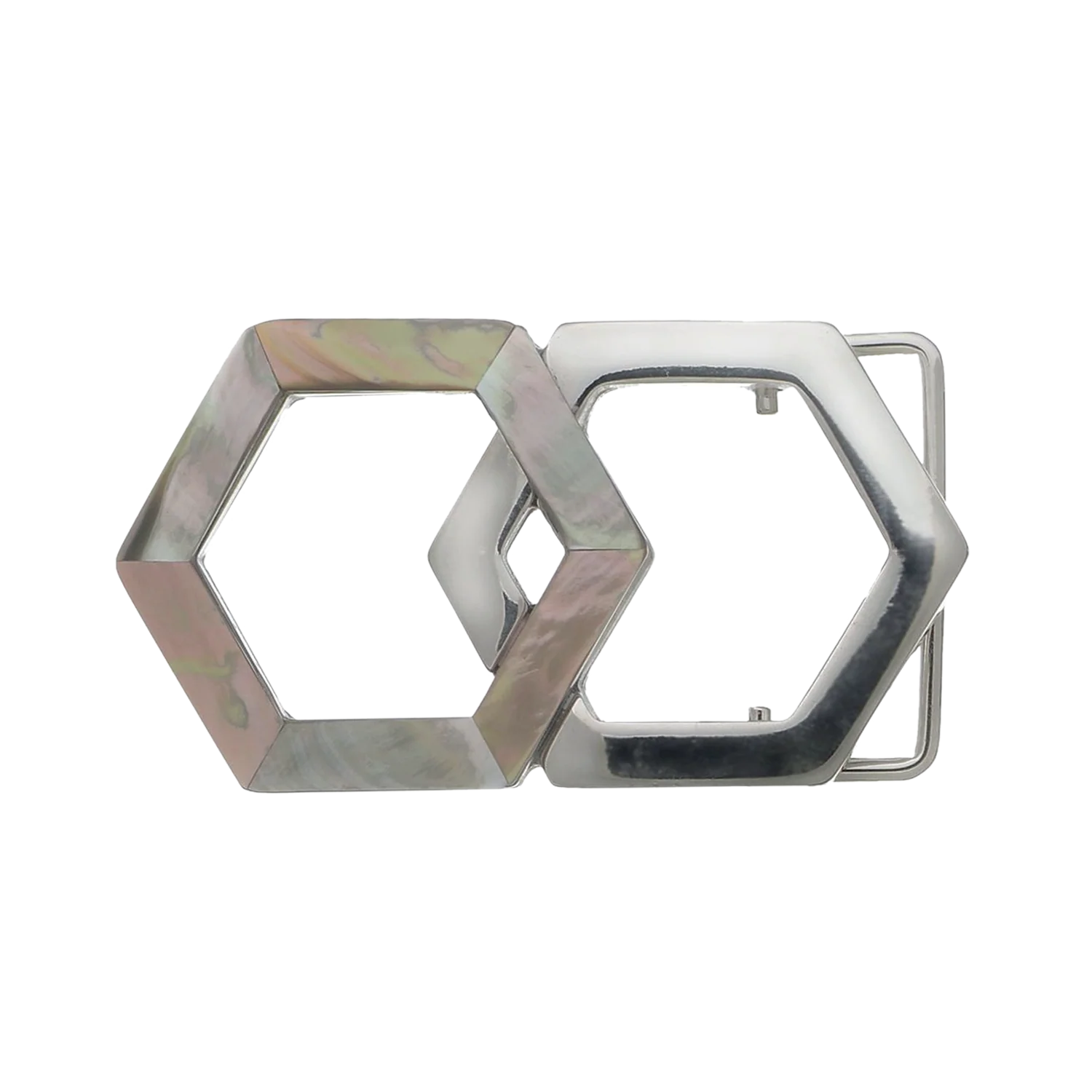 Interlocking Hexagon 40mm Belt Buckle – Shiny Nickelfree Finish + Black Lip & Brown Lip Mother of Pearl, Zamak