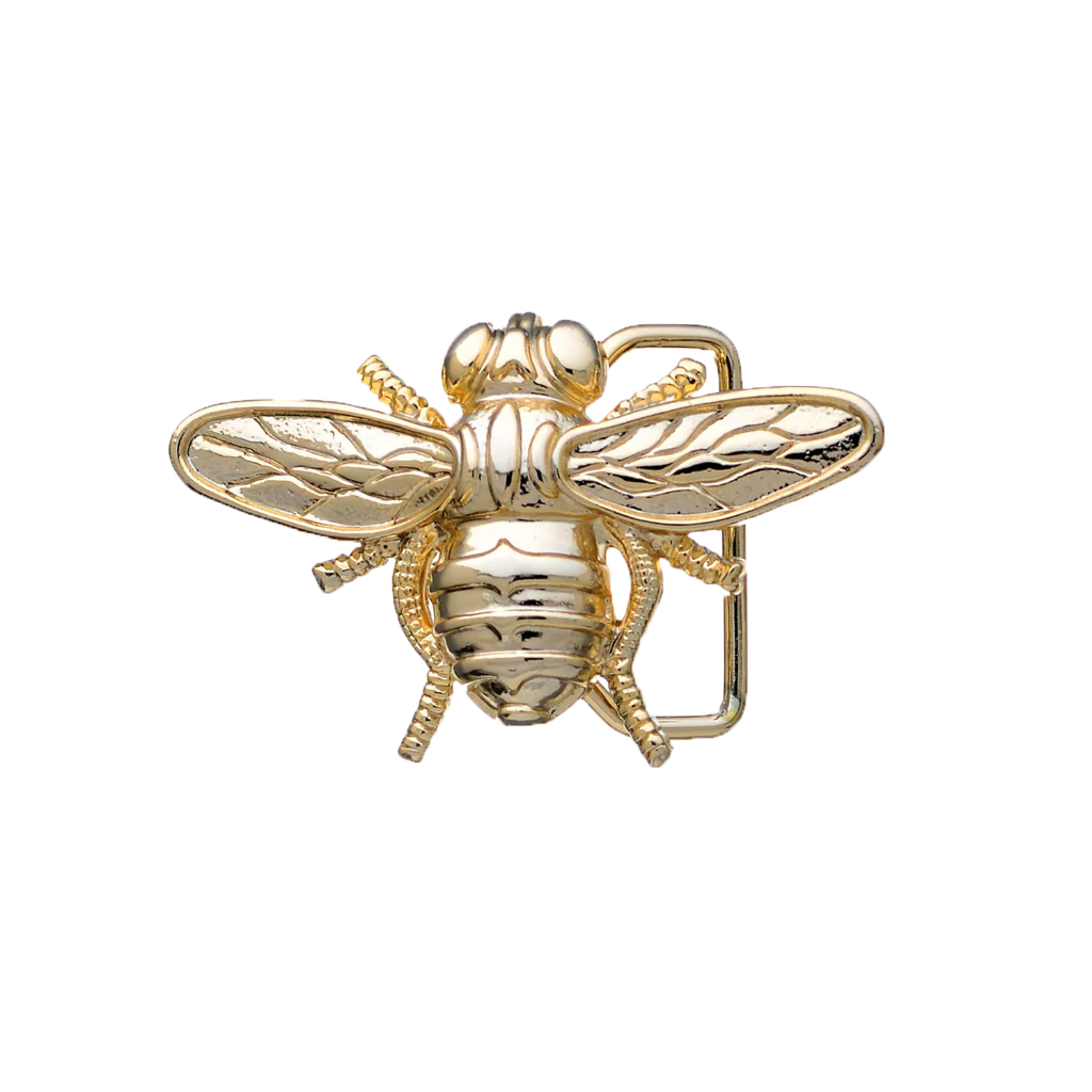 Polished gold bee belt buckle with detailed insect wing design, fashion accessory inspired by nature, Italian design vintage buckle, men’s collectible decorative belt hardware
