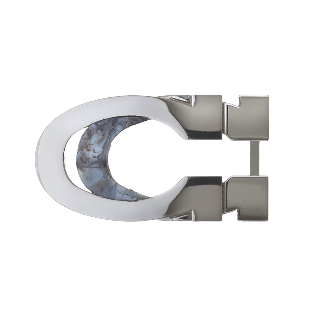Silver polished metal belt buckle, oval-C frame with textured shell inlay, isolated