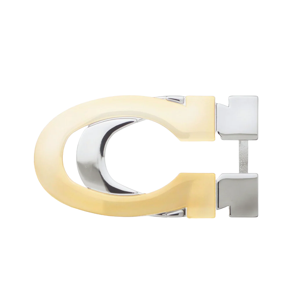 C-shaped belt buckle with hinge, light gold outer frame and polished inner loop, isolated on transparent background