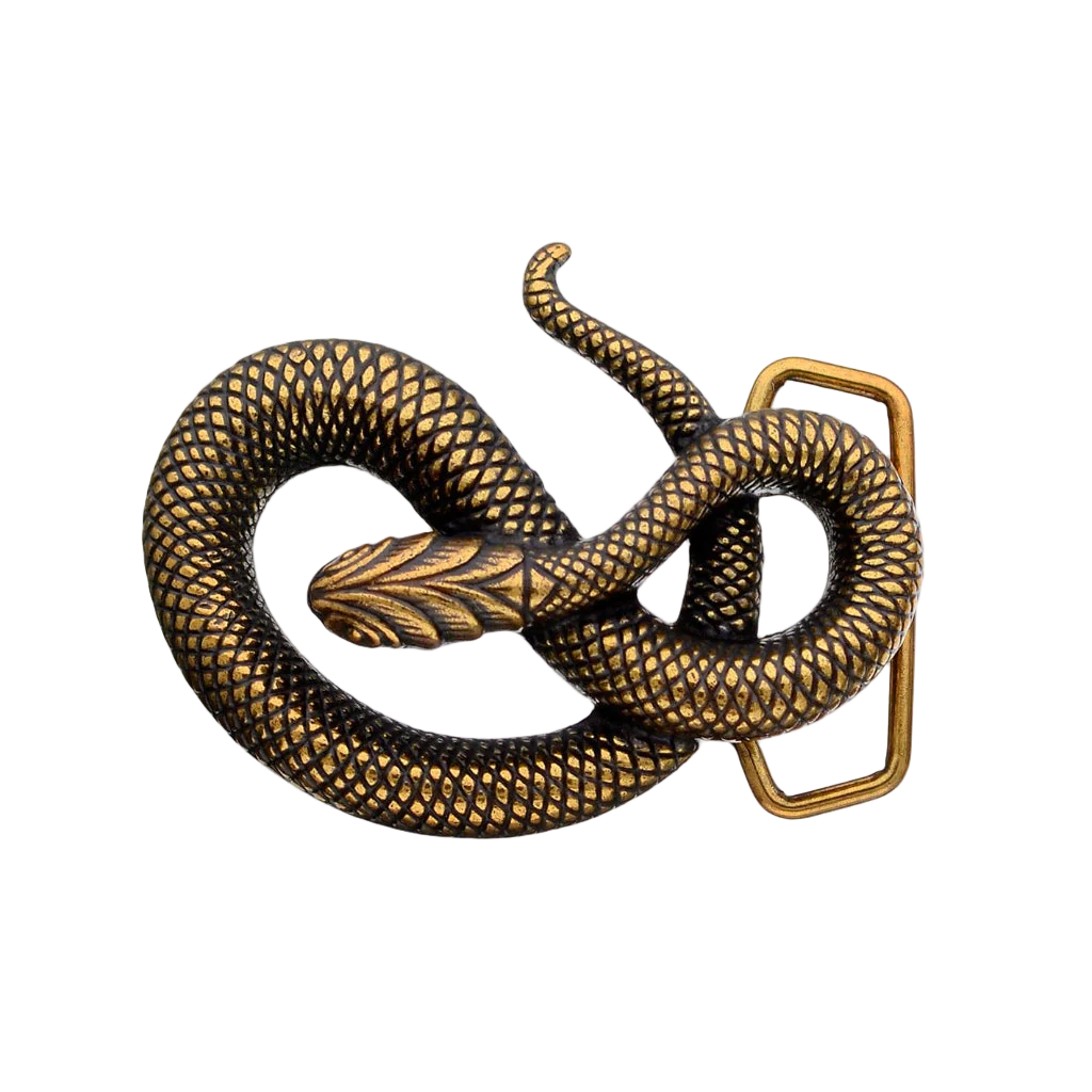 Antique gold snake belt buckle with detailed scale texture, serpent inspired fashion accessory, Italian design vintage buckle, men’s collectible western cowboy belt hardware