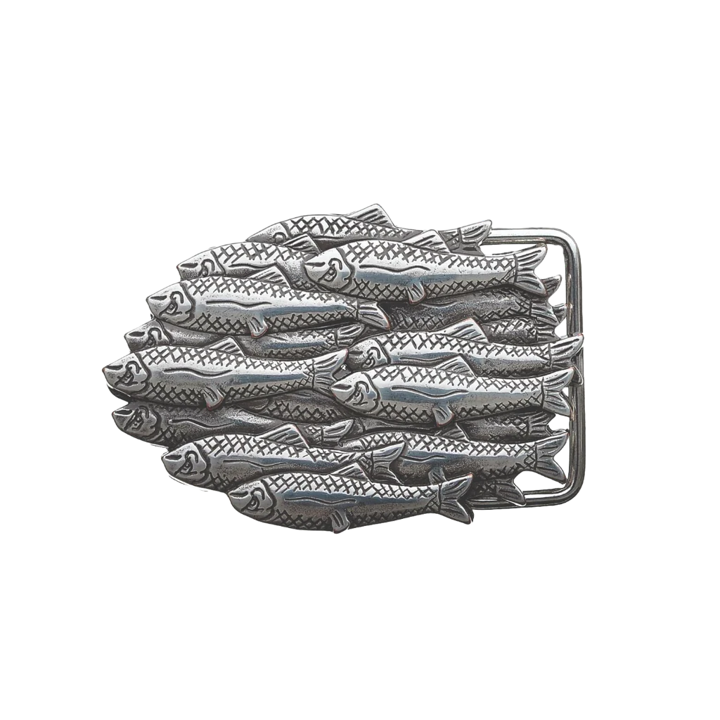 Intricate polished silver belt buckle with a large school of fish design, a unique fashion accessory with a beautiful Italian design.