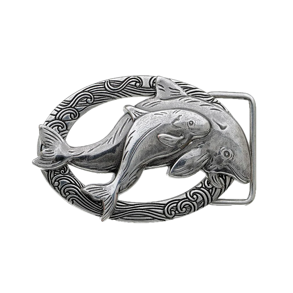 A detailed, sculpted silver belt buckle. This unique fashion accessory features two intertwined dolphins, set within a textured, wavy frame, with an intricate design that suggests a high-quality Italian design aesthetic.
