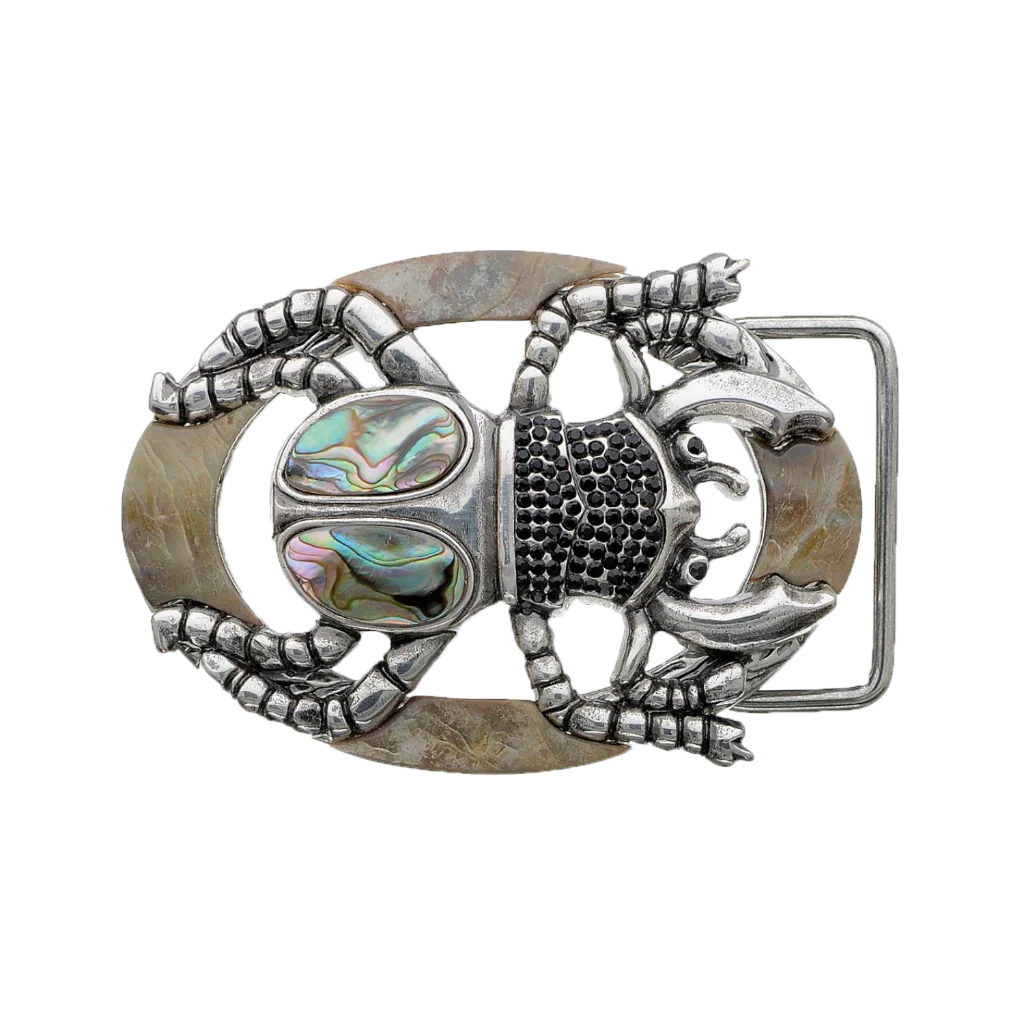 Silver scarab beetle belt buckle with abalone shell inlay and gemstone accents, Egyptian inspired fashion accessory, Italian design vintage buckle, men’s collectible decorative belt hardware