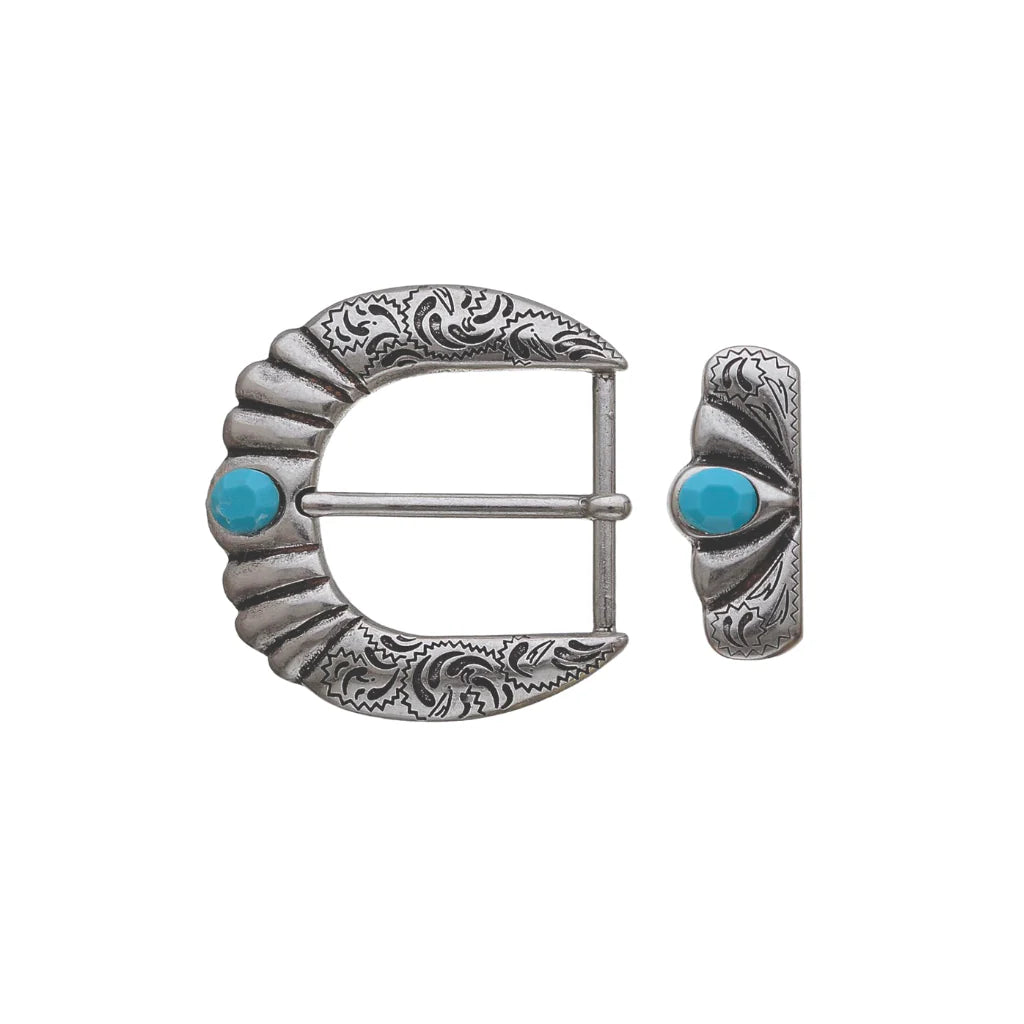 Antique silver-tone western belt buckle and matching keeper set featuring engraved paisley floral patterns and turquoise stone inlays.
