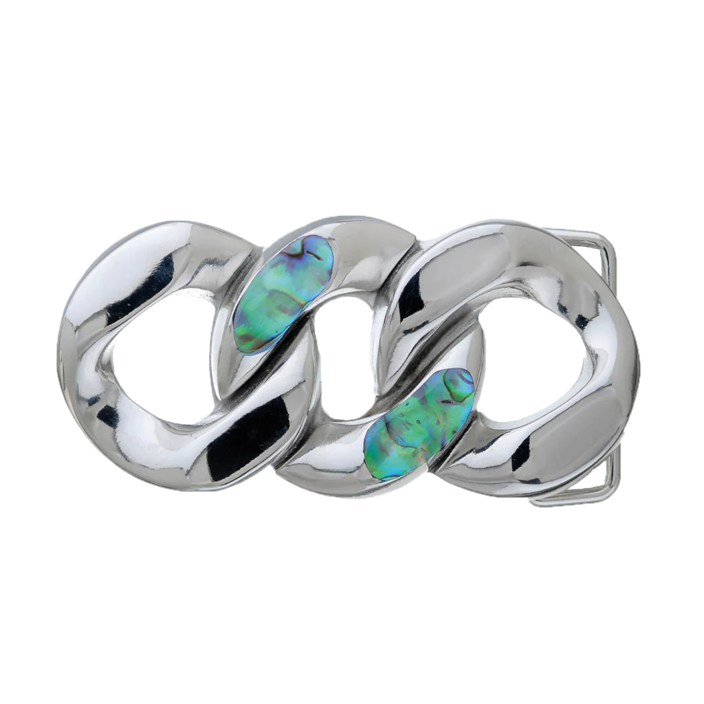 Silver chain link belt buckle with abalone shell inlay, modern fashion accessory with gemstone accents, Italian design inspired vintage buckle, stylish men’s belt hardware, collectible decorative accessory