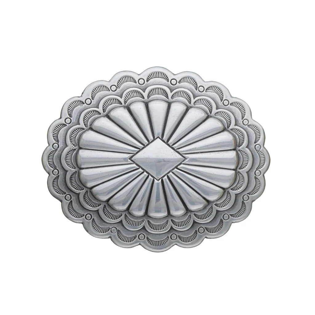 Oval silver belt buckle with scalloped edge and diamond centerpiece, engraved western cowboy fashion accessory, Italian design inspired vintage buckle, men’s stylish belt hardware, collectible decorative accessory