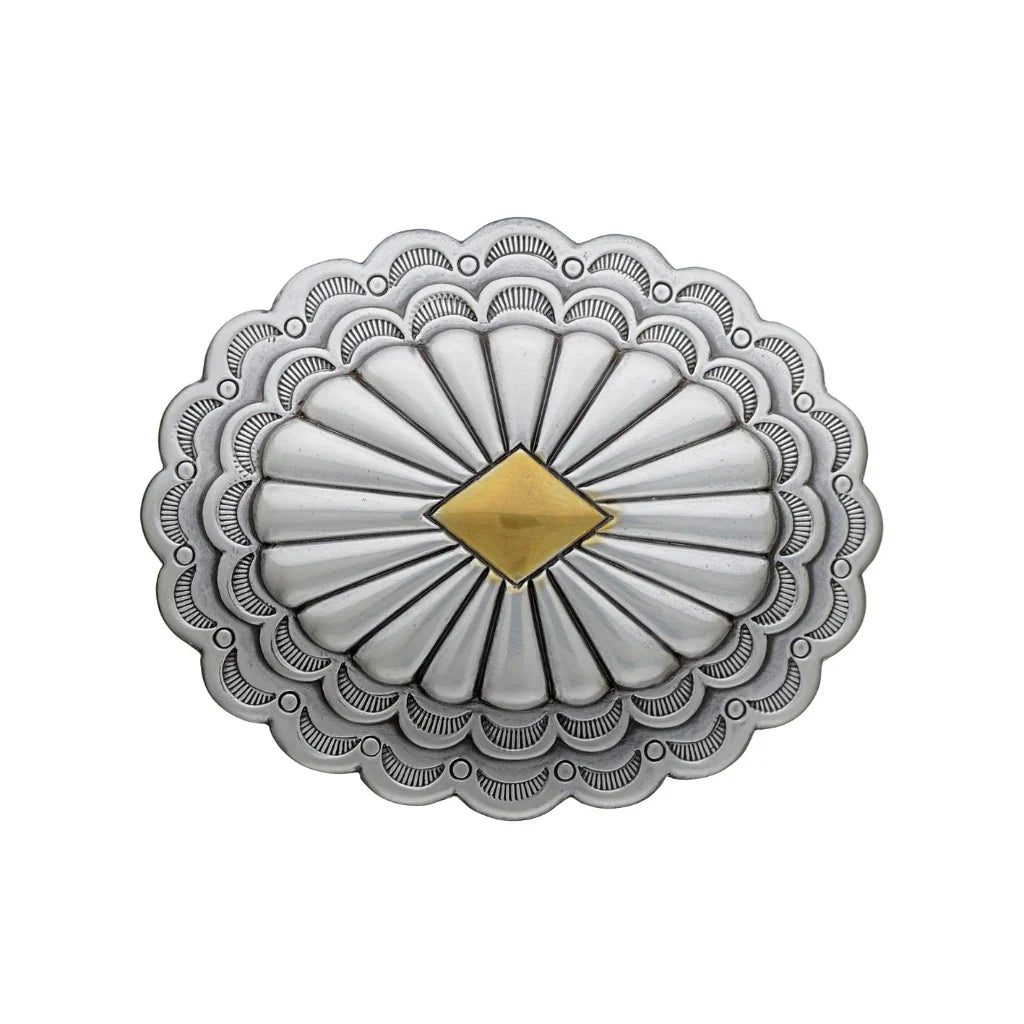 Oval silver belt buckle with scalloped edge and gold diamond centerpiece, western cowboy fashion accessory, Italian design inspired engraved buckle, men’s stylish belt hardware, vintage decorative accessory