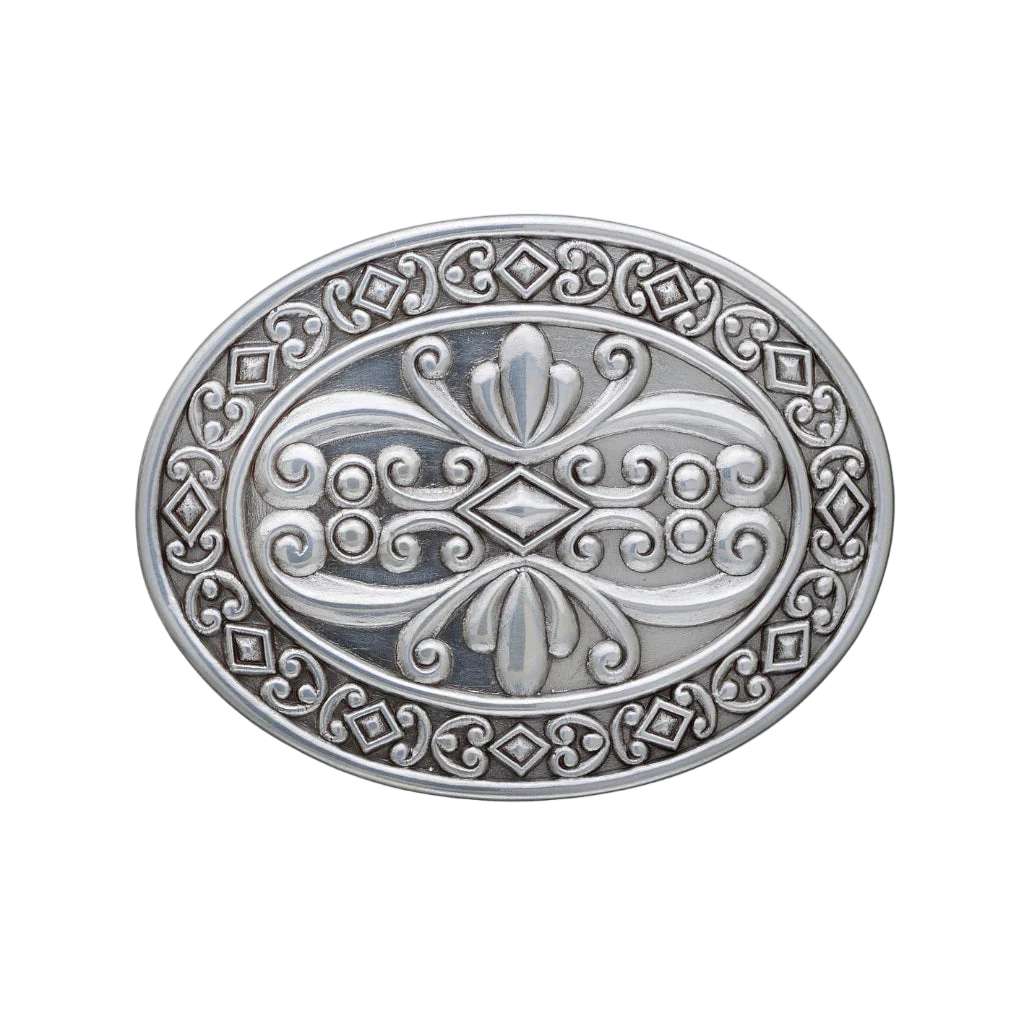 Oval silver belt buckle with ornate floral scroll design, engraved vintage western fashion accessory, Italian design inspired decorative buckle, men’s stylish belt hardware, elegant collectible accessory