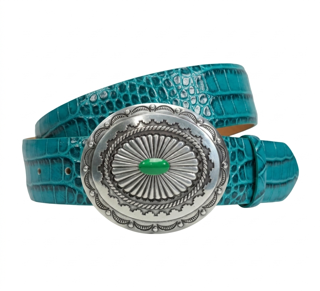 Concho Complete Belt 1.5" – English Silver Finish + Light Green Enamel