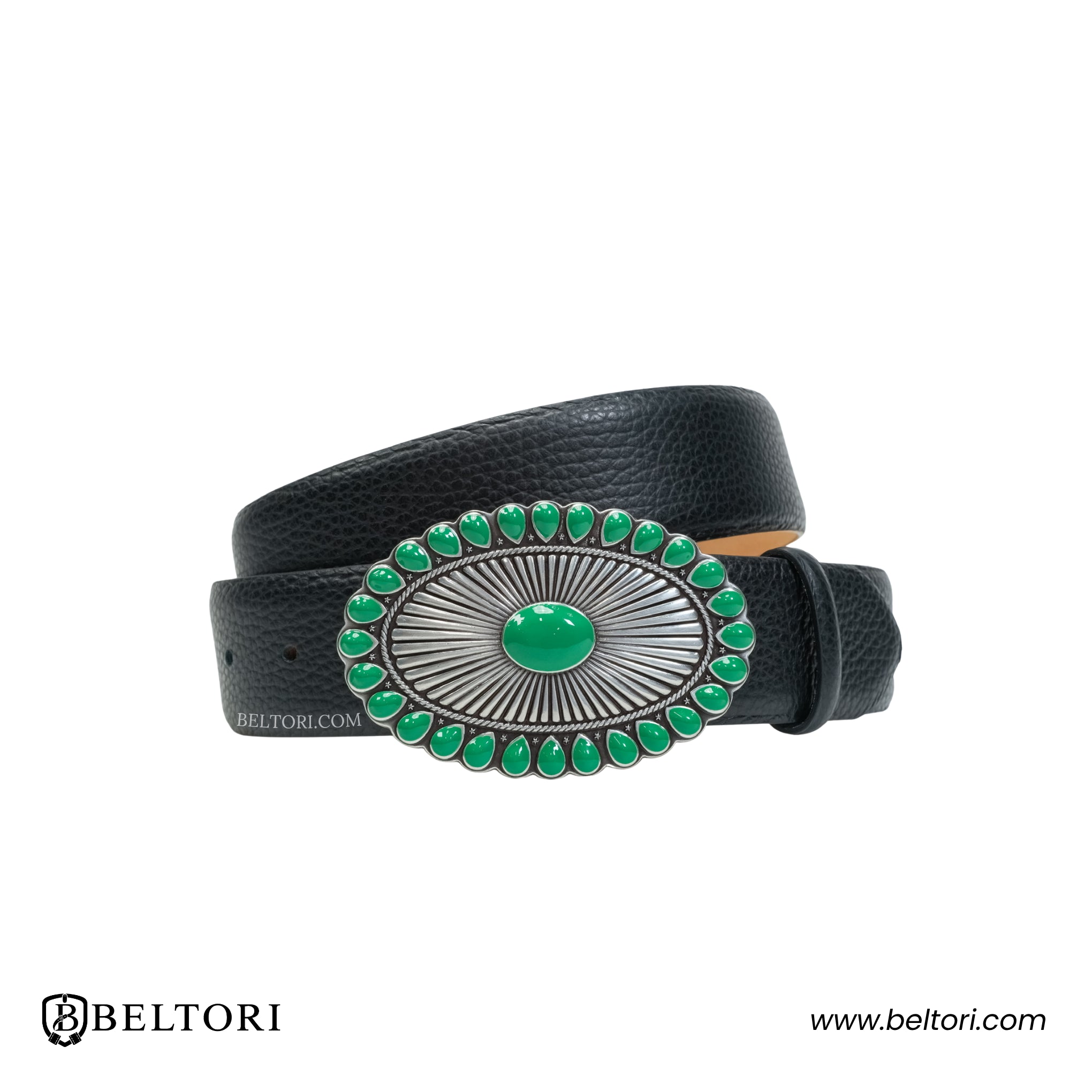 Oval Concho Complete Belt Silver Green Enamel – Black Croc Leather