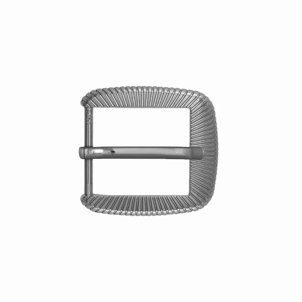 Brushed silver-tone rectangular belt buckle featuring a fine radiating sunburst texture and matching belt keeper.