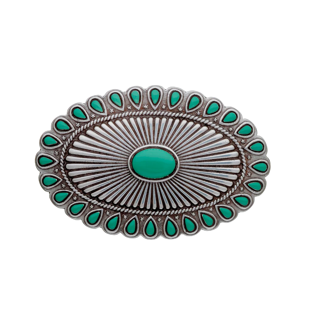 A detailed silver belt buckle with a Southwestern or concho-style design. This fashion accessory features a large central turquoise stone surrounded by a radiating fluted pattern and an outer border of smaller teardrop-shaped turquoise stones.