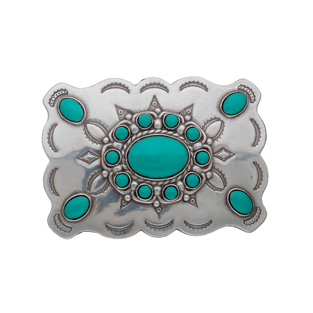 A detailed silver belt buckle with a Southwestern design. This fashion accessory features a large central turquoise stone, a starburst motif with smaller turquoise stones, and an outer scalloped border with additional stones and stamped patterns.