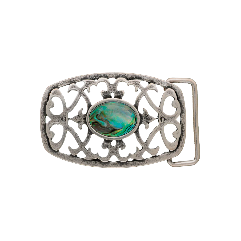 Brushed silver rectangular belt buckle with a beautiful open filigree design and a central green abalone shell stone, a stylish fashion accessory with a vintage Italian design.