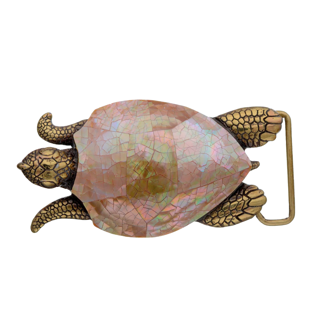 Brass-tone sea turtle belt buckle with a cracked pink mother-of-pearl shell inlay, a unique Italian fashion accessory.