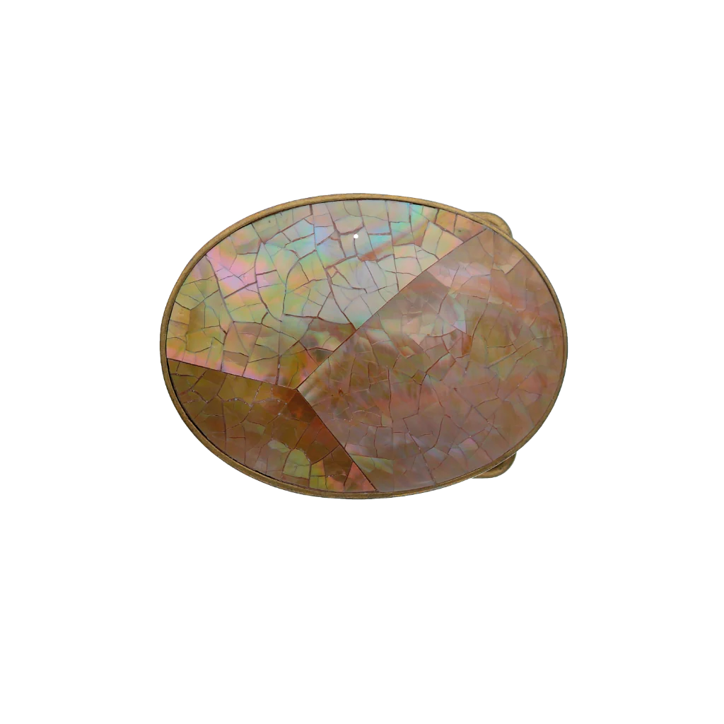 Oval brass belt buckle with a mosaic-style cracked mother of pearl inlay, a unique fashion accessory with a beautiful Italian design.