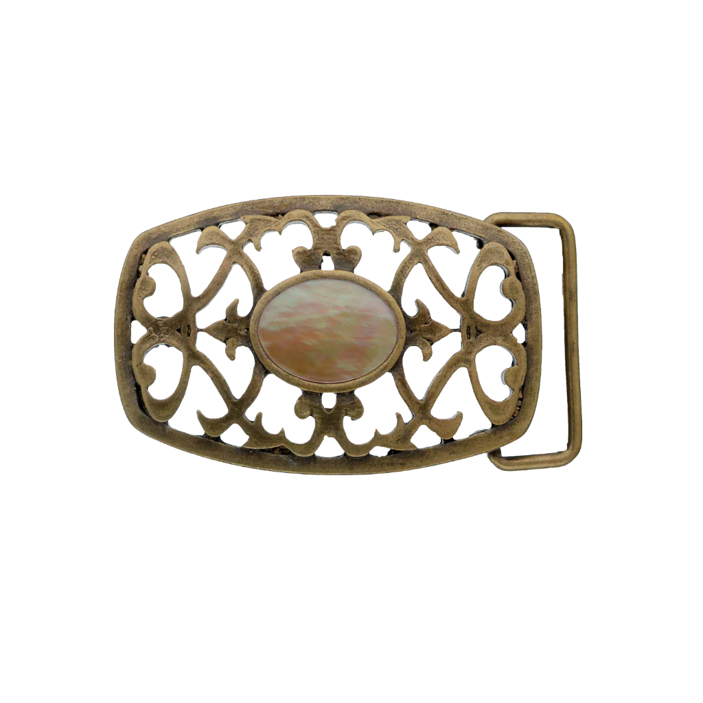 Antique gold-toned rectangular belt buckle with a beautiful open filigree design and a central mother of pearl stone, a stylish fashion accessory with a vintage Italian design.