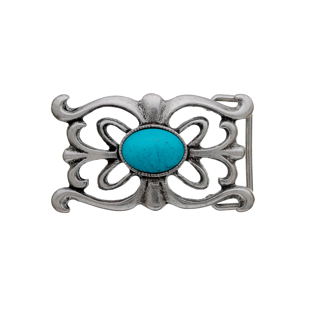 Oval-shaped brushed silver belt buckle with a detailed floral and filigree design and a large turquoise stone centerpiece, a stylish fashion accessory with a beautiful Italian design.