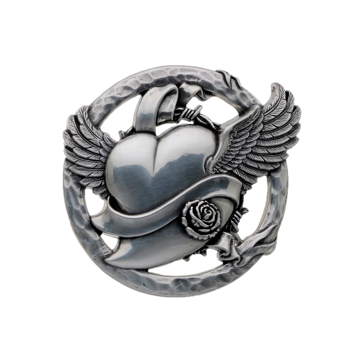 Antique silver winged heart concho with a rose, ribbon, and barbed wire accents.
