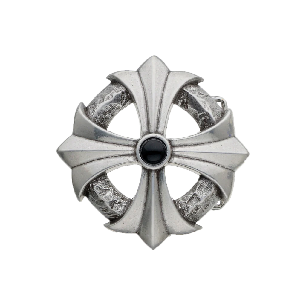 A detailed silver belt buckle with a stylized cross design. This fashion accessory features a central black stone surrounded by smooth, pointed arms and textured, intertwining rings.