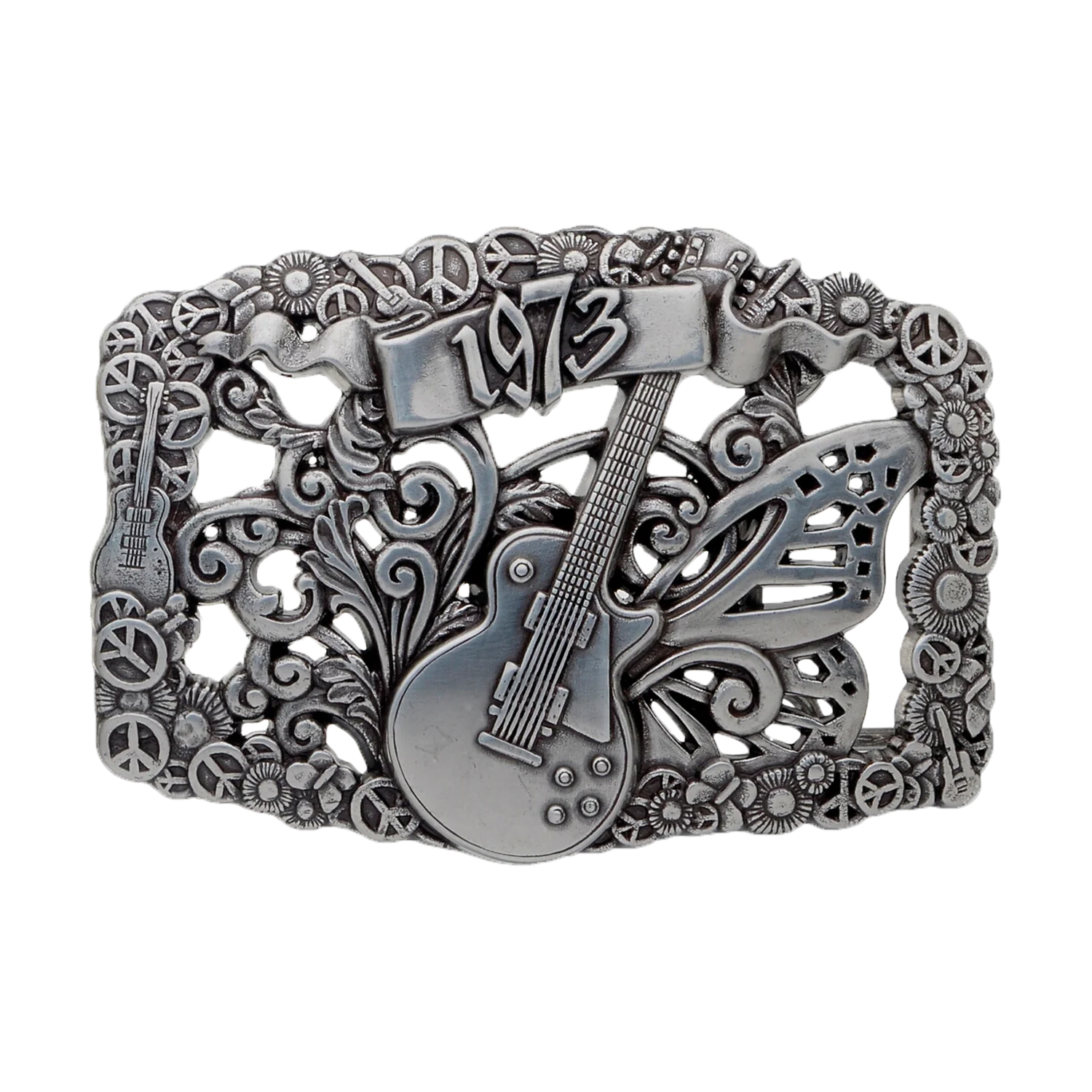 Antique silver music-themed belt buckle with an electric guitar, butterfly wing, and the year 1973.