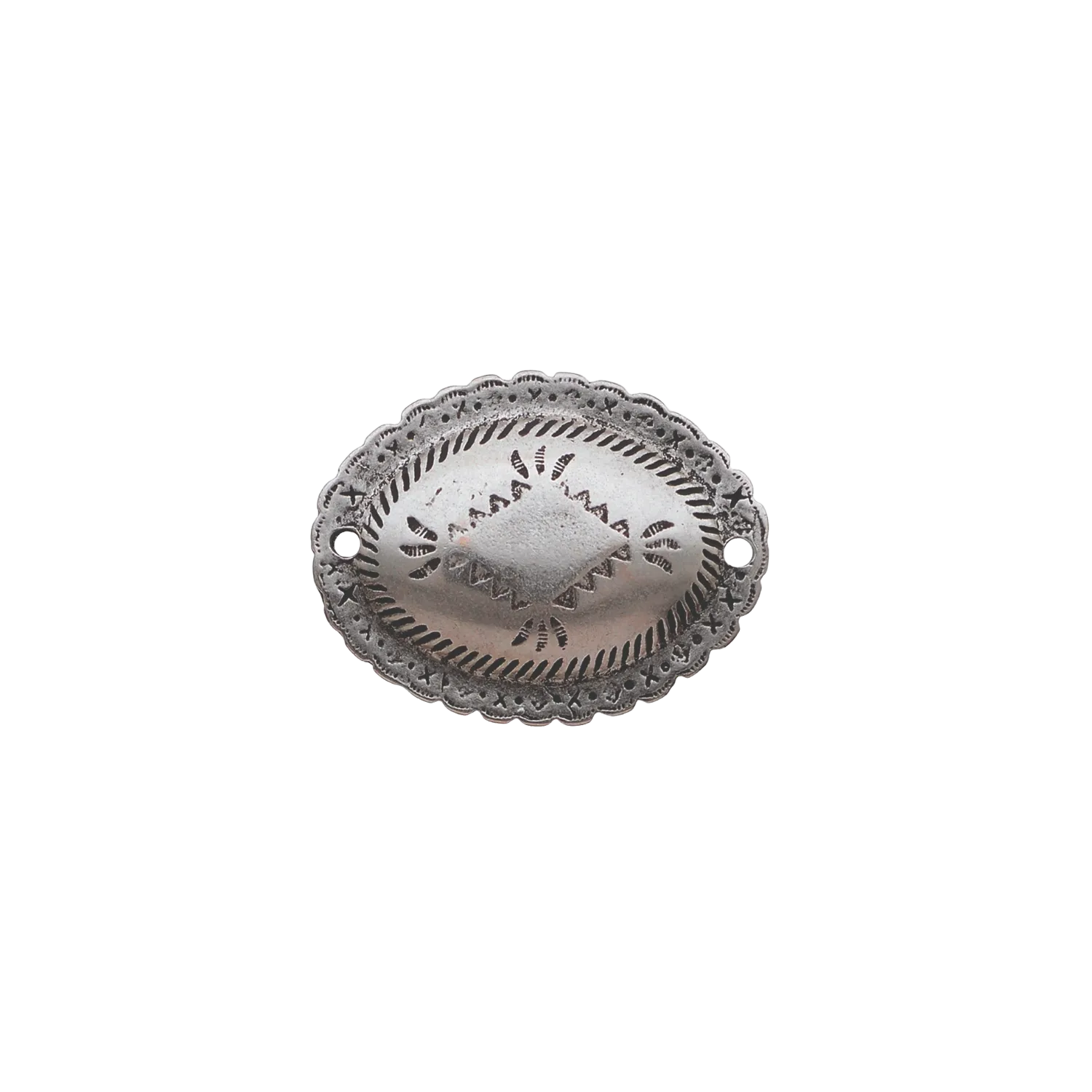 Decorative metal oval with cut-out patterns on a white background