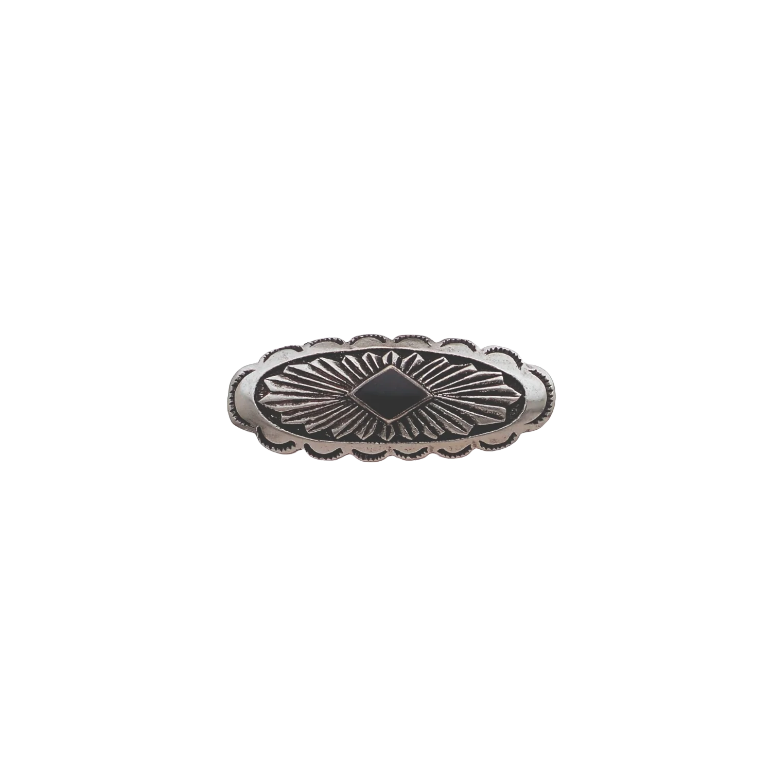 Scalloped silver western slider with black diamond center and sunburst engraving.