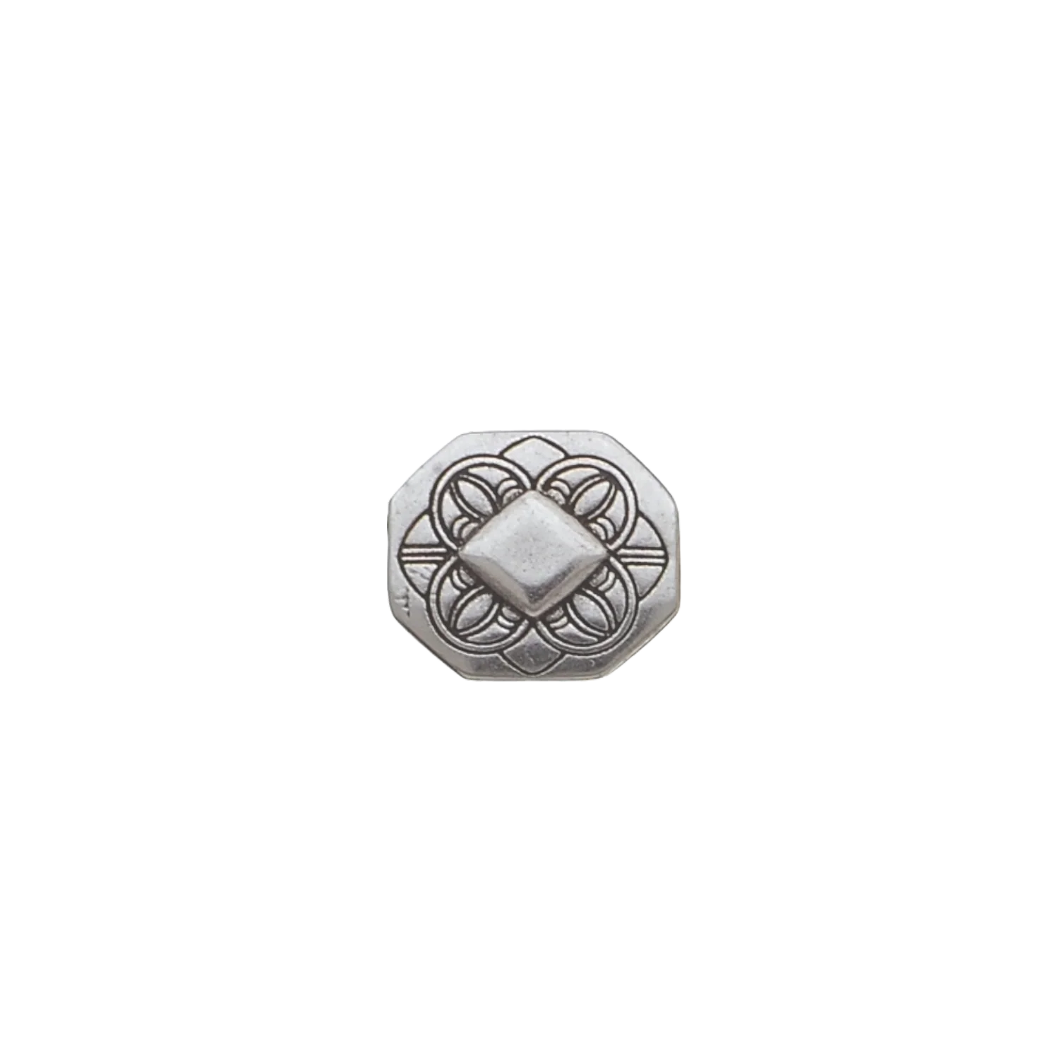 Silver octagonal western slider with raised diamond center and embossed floral motif.