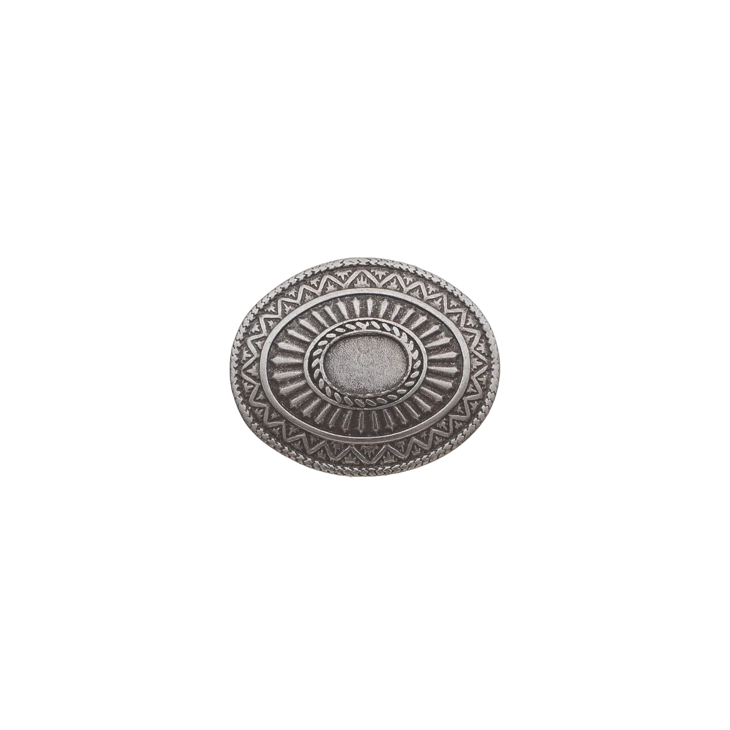 Silver oval western concho with sunburst rays and geometric tribal etched border.