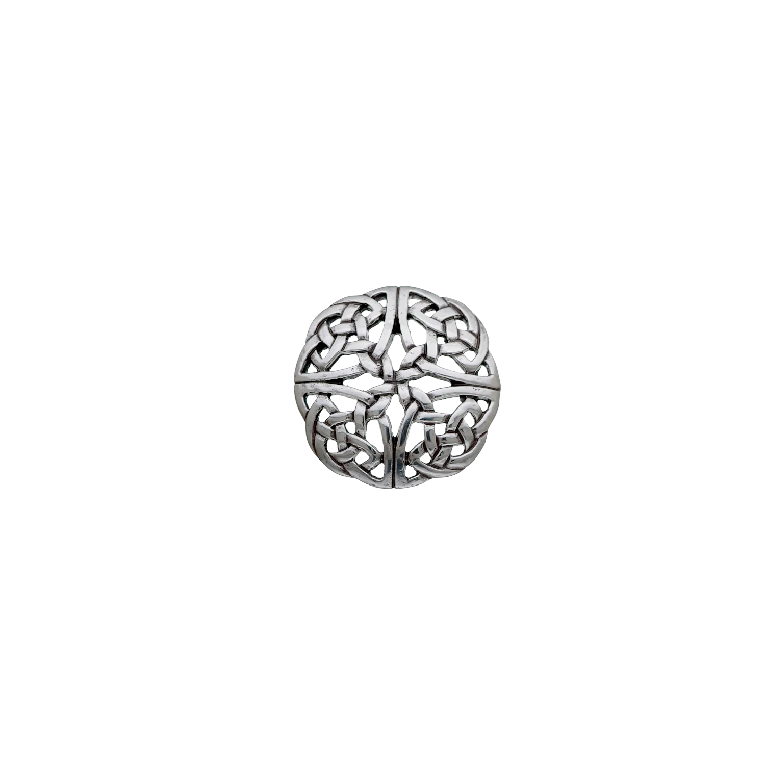 Polished silver Celtic knot round concho with intricate interlaced design.