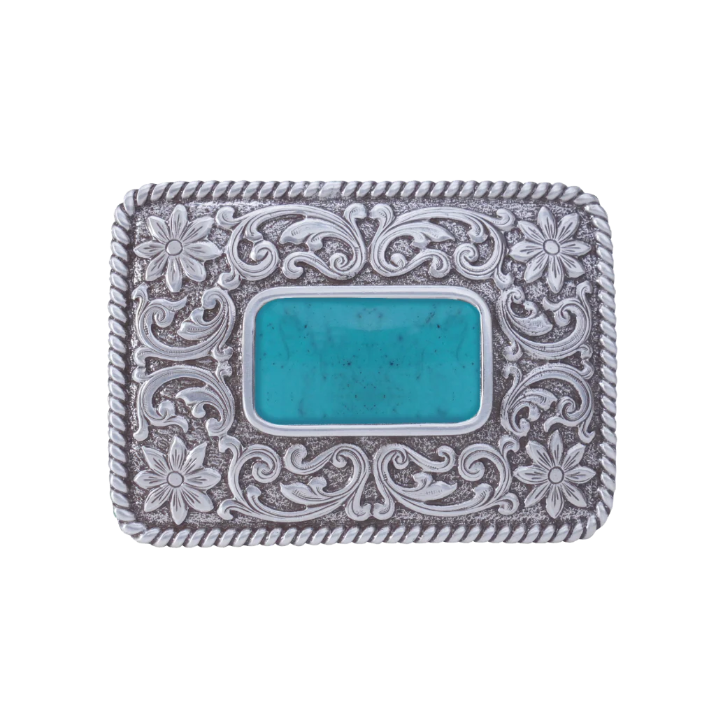 A detailed silver belt buckle with a Western or Southwestern design. This fashion accessory features a large, rectangular turquoise stone at the center, surrounded by ornate floral scrollwork and a twisted rope border.