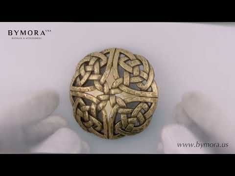 Load video: Celtic Knot Round 40mm Belt Buckle – Old Gold Finish + Yellow Mother of Pearl