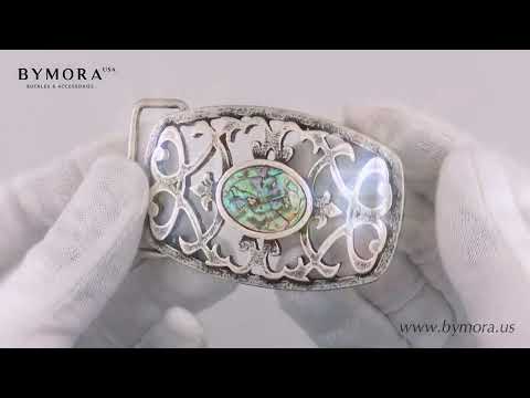 Load video: Ornate 40mm Belt Buckle – English Silver Finish + Solid Paua Blue Mother of Pearl