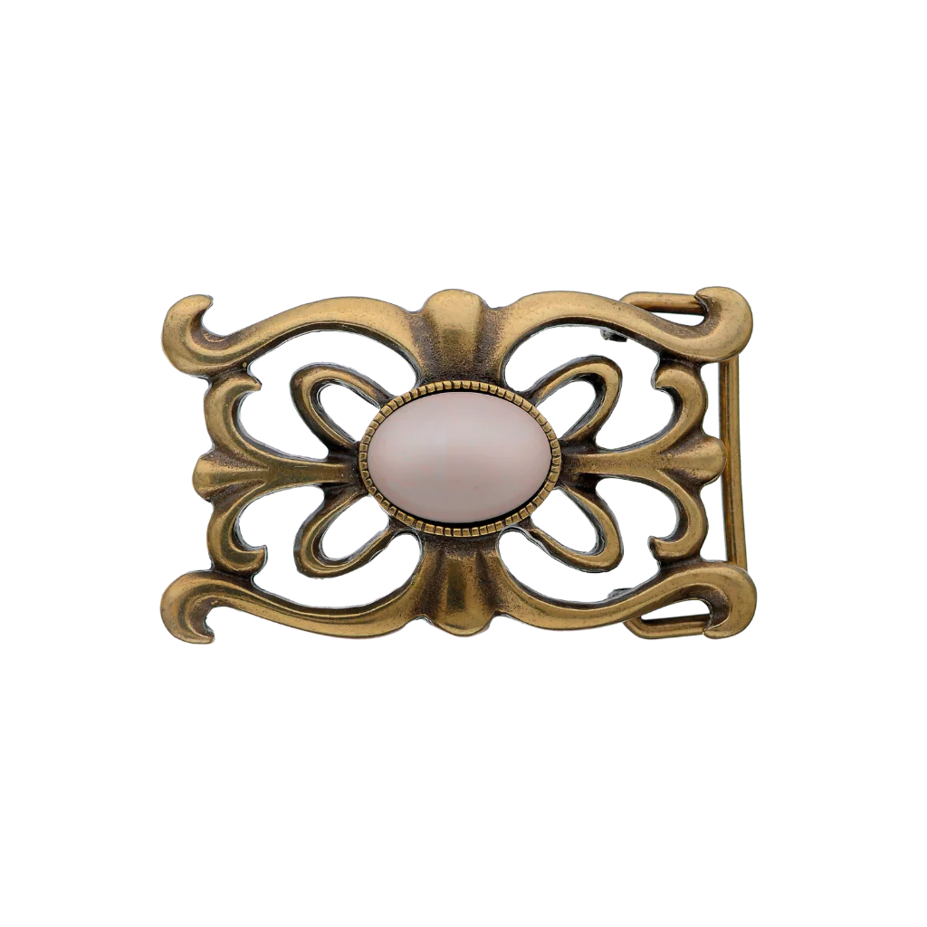 Oval-shaped brushed brass belt buckle with a detailed floral and filigree design and a large light-colored stone centerpiece, a stylish fashion accessory with a beautiful Italian design.