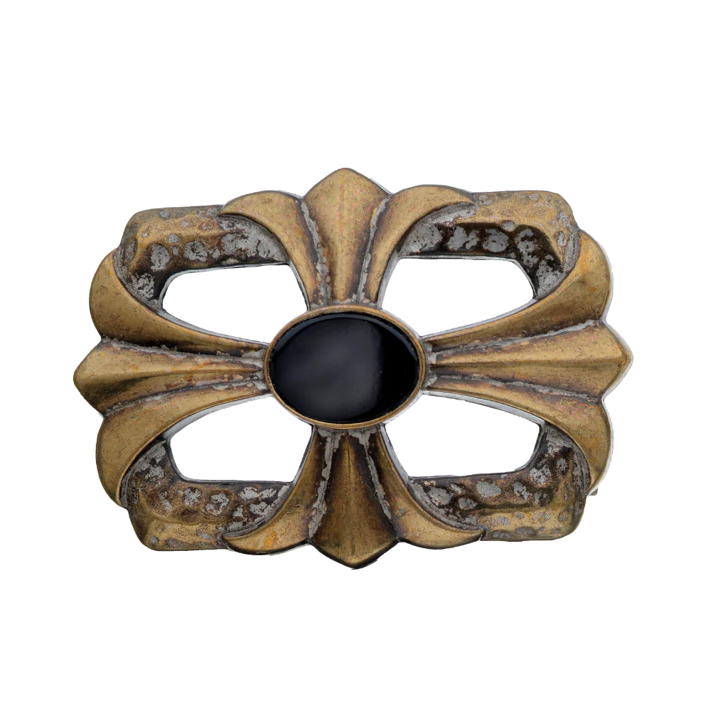 Gold Toned Belt Buckle with a modern cross design and a smooth black onyx stone centerpiece, a unique fashion accessory with a contemporary Italian design.

