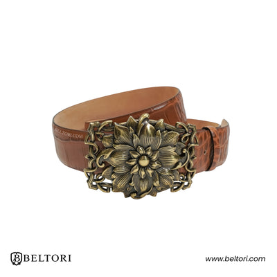 Floral Bloom Western Complete Belt with Old Gold Buckle – Brown Leather